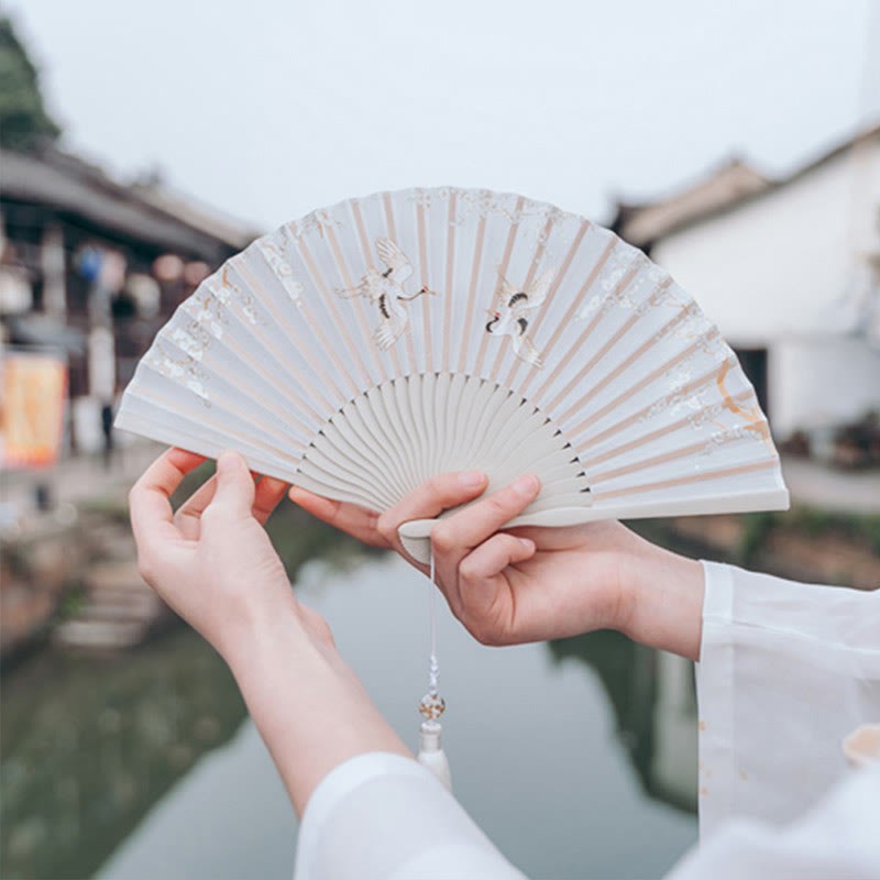 Crane Plum Blossom Handheld Silk Bamboo Folding Fan