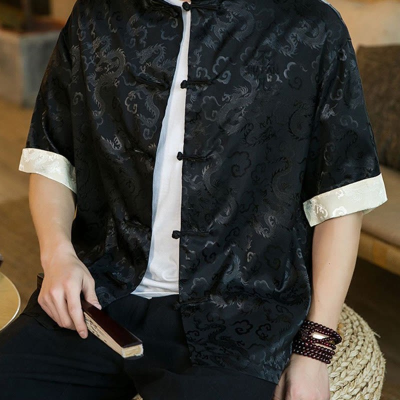 Chinese Tang Suit Frog-button Dragon Print Men's Half Sleeve Shirts