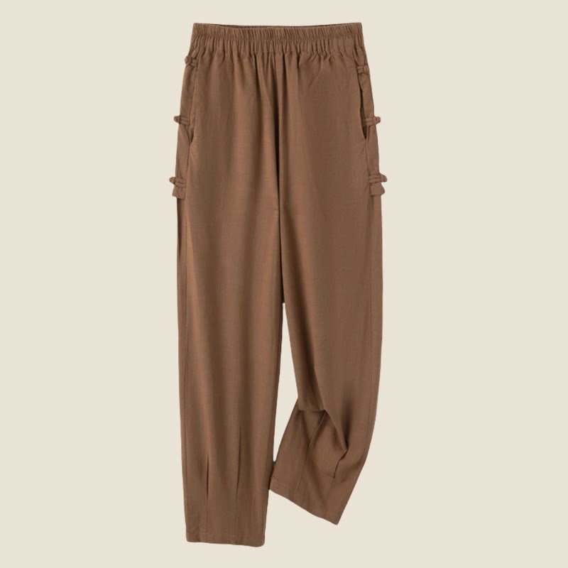 Casual Frog-button Plain Women's Cotton Linen Pants With Pockets