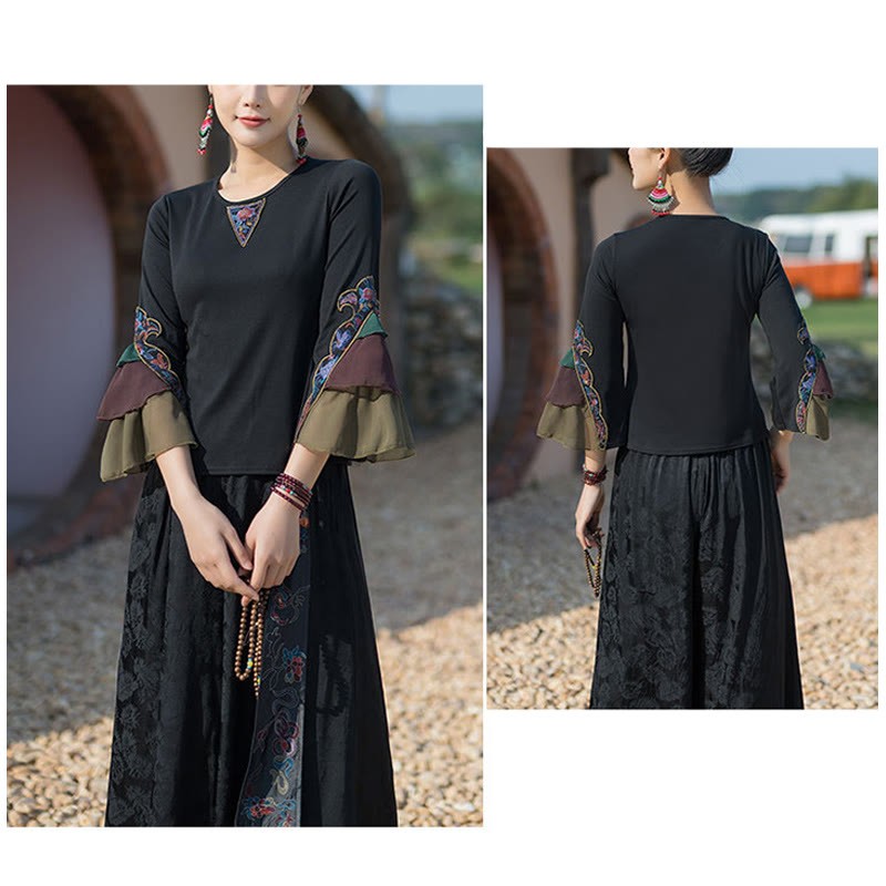 Embroidery Flower T-shirt Three Quarter Bell Flare Sleeves Cotton Top Tee