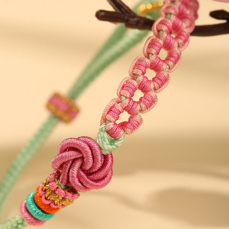 Handmade Pink Green Peach Blossom Knot Braided Bracelet