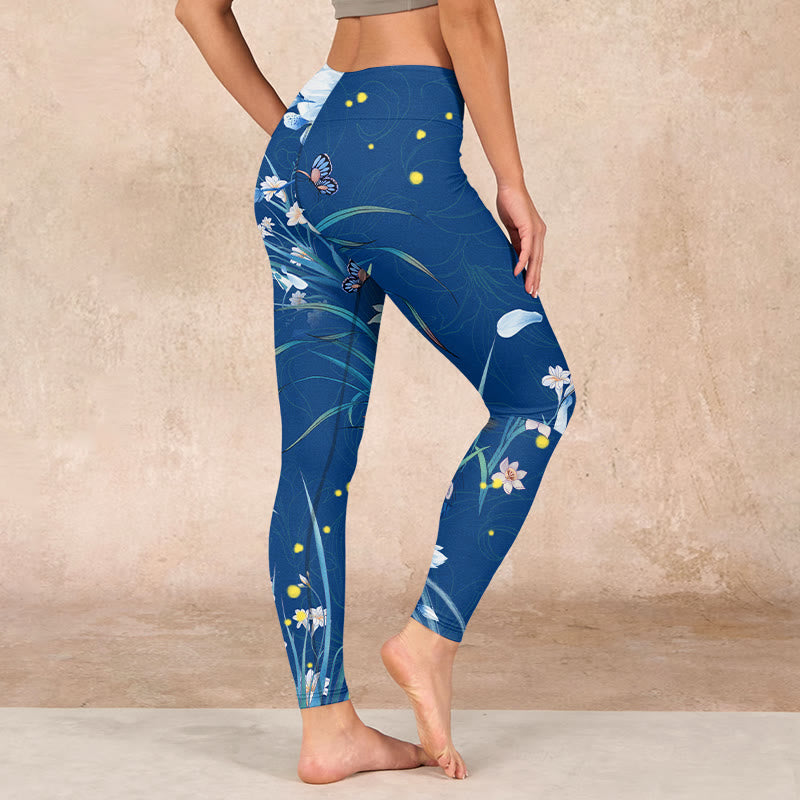 SteelBlue Small White Flowers Butterfly Exercise Leggings Women's Yoga Pants