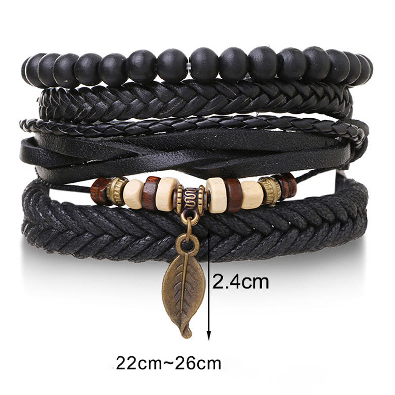 Leaf Multi-layer Twisted Leather Resin Beads Courage Bracelet Set