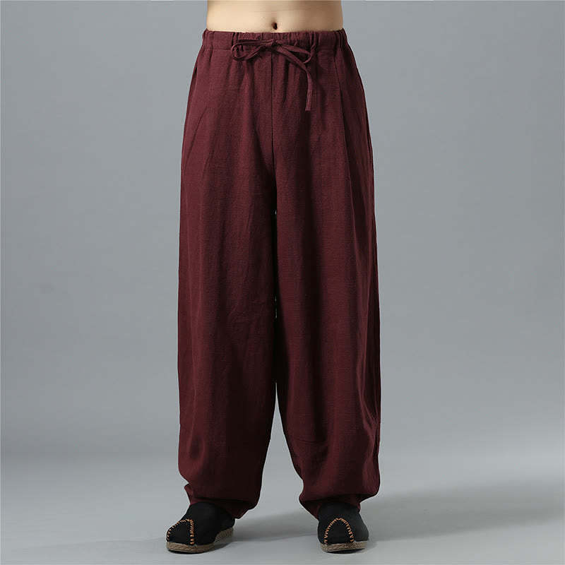 Casual Solid Color Drawstring Cotton Linen Men's Pants With Pockets