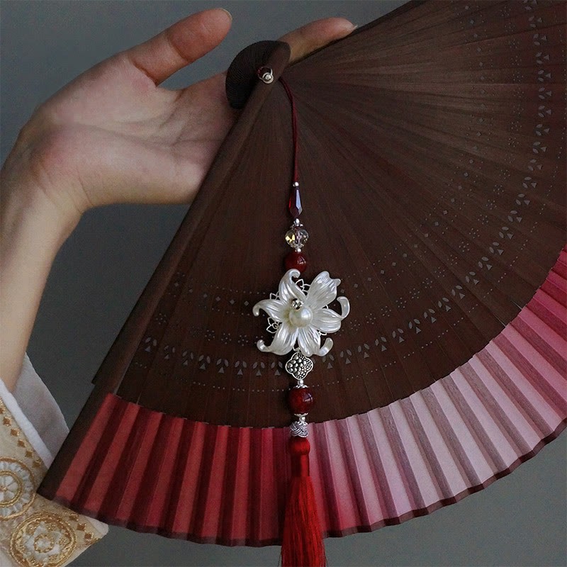 Red Lily Tassel Hollow Rib Silk Handheld Bamboo Folding Fan
