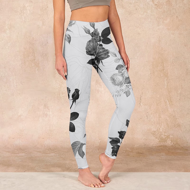 Black White Rose Gym Leggings Women's Yoga Pants