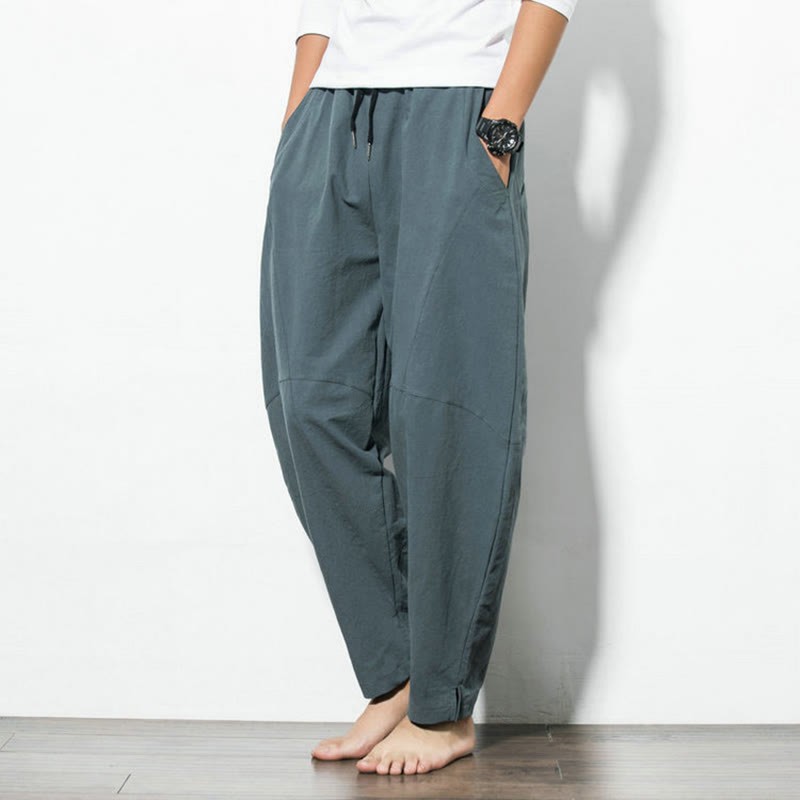 Casual Men's Solid Color Linen Drawstring Pants With Pockets