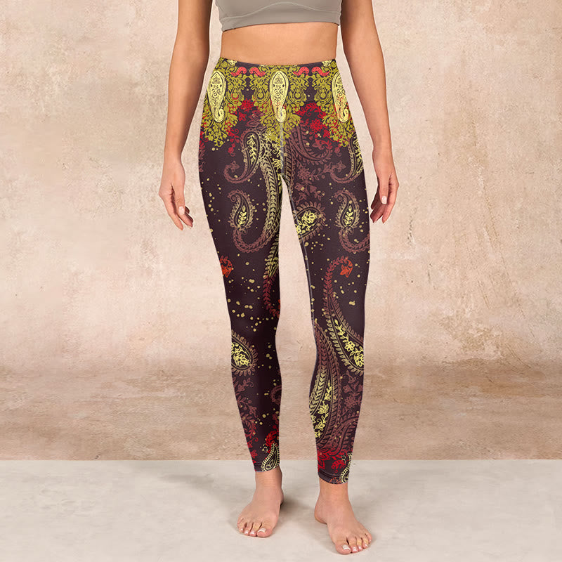Reddish-brown Cashew Flower Vines Print Gym Leggings Women's Yoga Pants