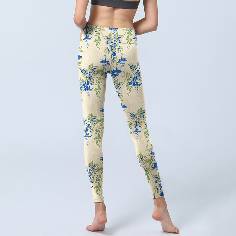 Casual Dark Blue Flower Leaves Print Gym Fitness Leggings Women's Yoga Pants