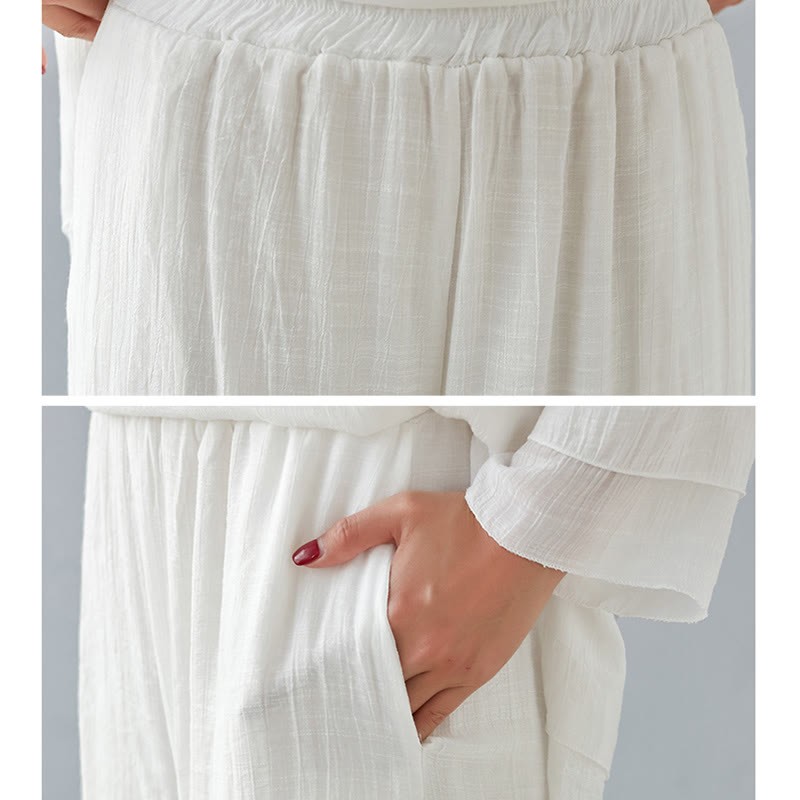2Pcs Three Quarter Sleeve Long Sleeve Shirt Wide Leg Pants Meditation Cotton Linen Clothing Women's Set