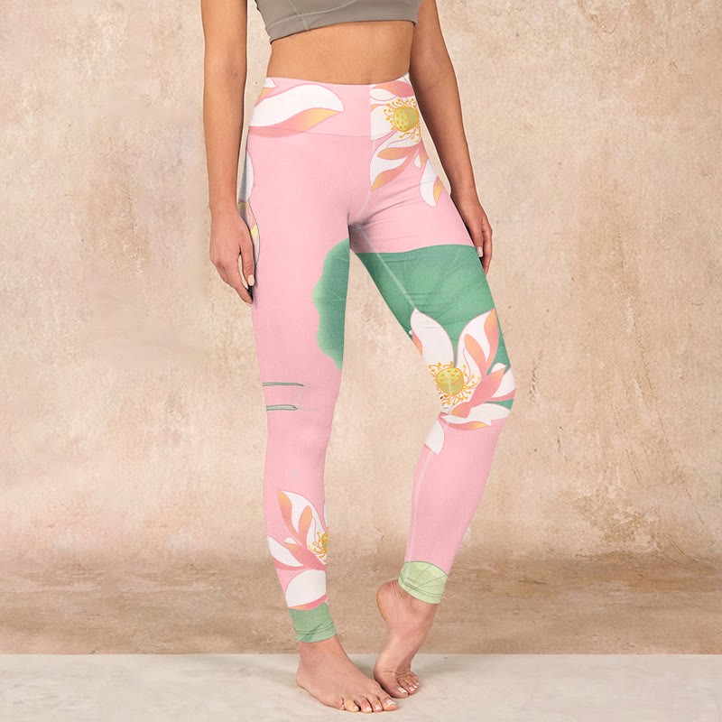 Pink Lotus Flower Leaf Print Gym Fitness Leggings Women's Yoga Pants