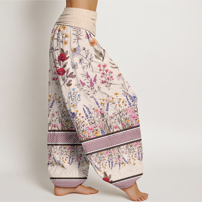 Multicolored Flowers Butterflies Design Women's Elastic Waist Harem Pants