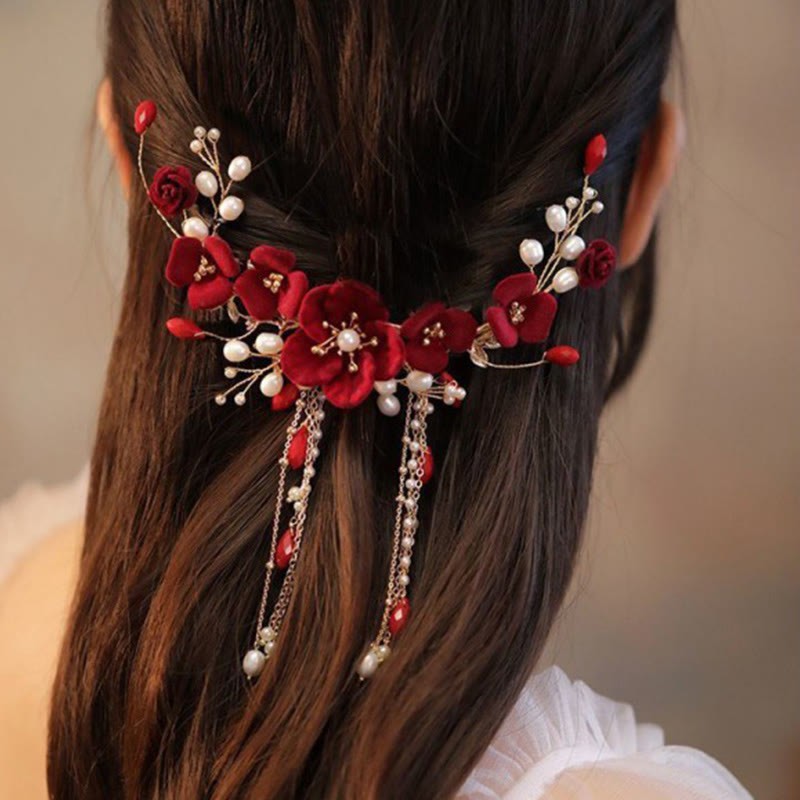 Chinese Oriental Wedding Bridal Red Rose Hair Clip