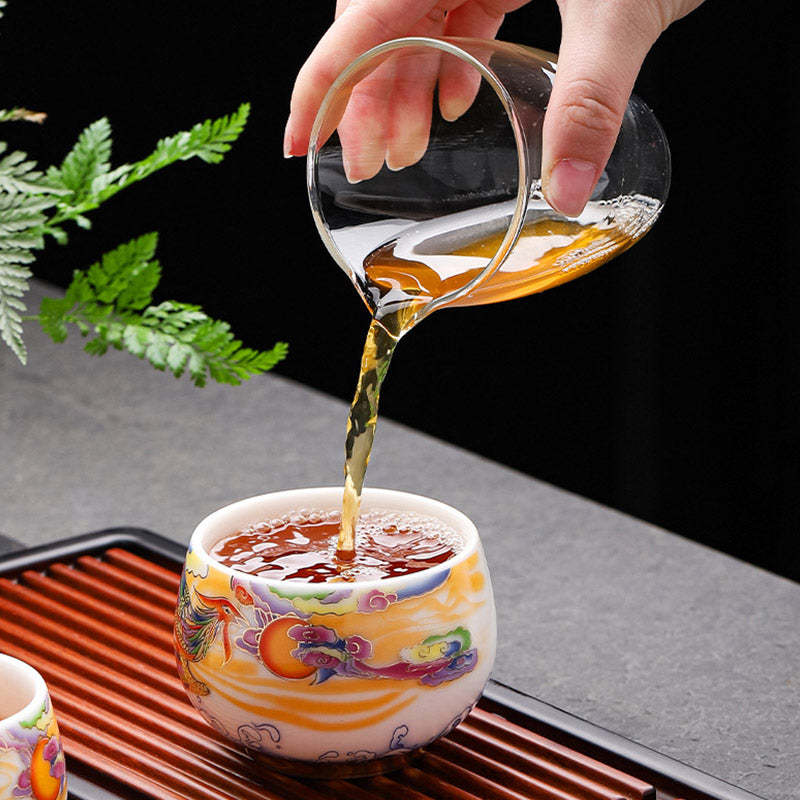 Dragon Phoenix Auspicious Clouds Sun Ocean Waves Ceramic Teacup Kung Fu Tea Cup
