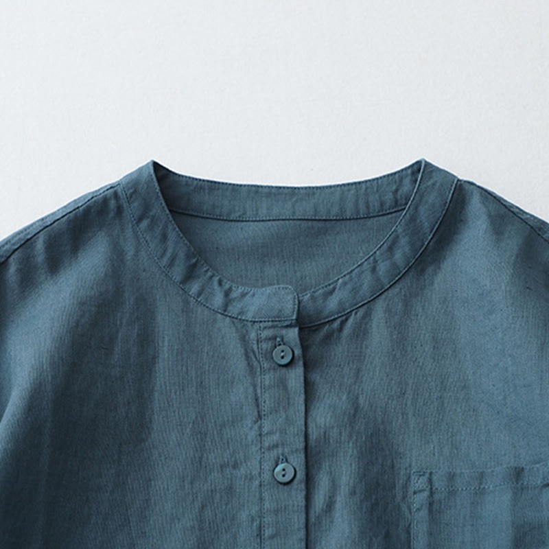 Solid Color Button Three Quarter Sleeve Cotton Linen Shirt