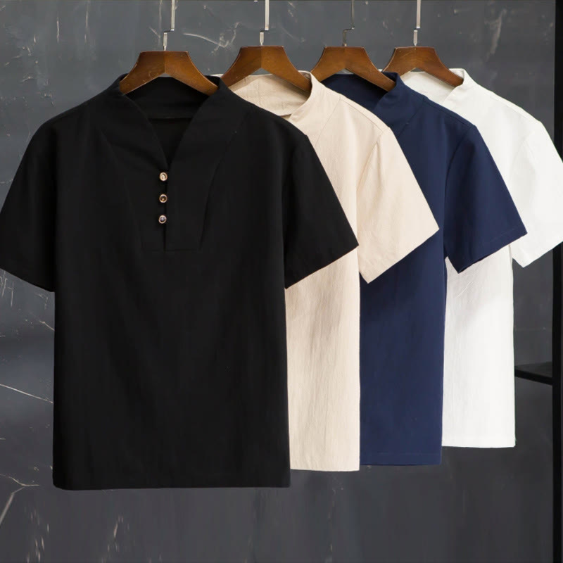2Pcs Solid Color Cotton Button Short Sleeve T-shirt Pants Men's Set