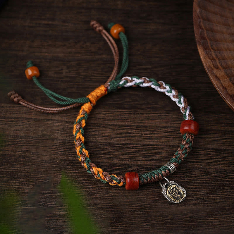 Handmade Tibetan Silver 925 Sterling Silver Zakiram Goddess of Wealth Camel Bone Protection Braided Bracelet