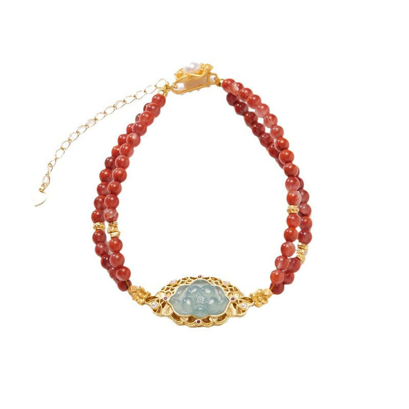 925 Sterling Silver Plated Gold Natural Red Agate Lotus Jade Calm Double Layer Bracelet