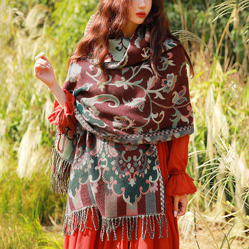 Tibetan Flowers Leaves Branch Design Tassel Shawl Cozy Travel Scarf Wrap