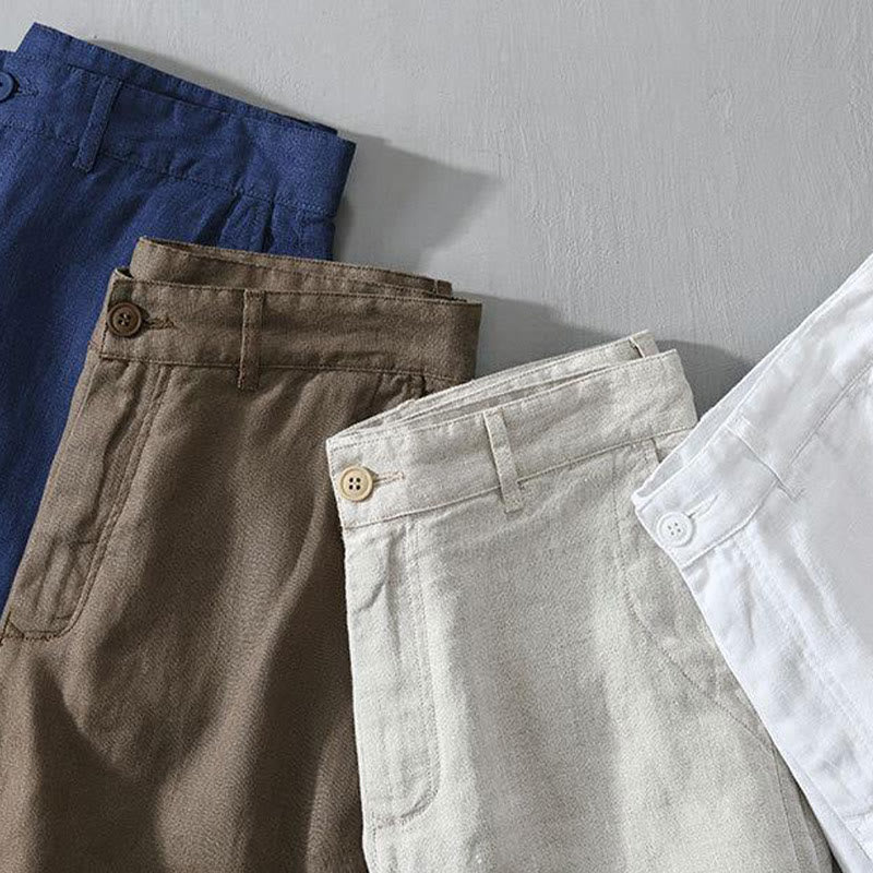 Solid Color Drawstring Cropped Linen Men's Shorts With Pockets
