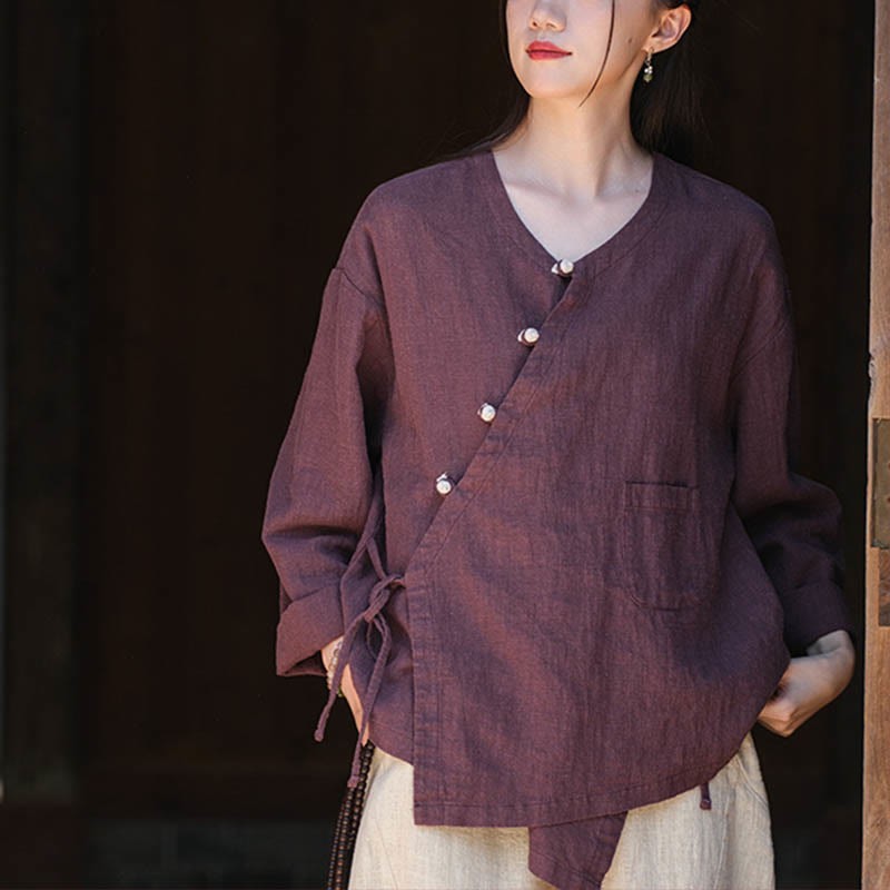 Solid Color Ramie Linen Loose Blouse Long Sleeve Shirt Chinese Hanfu Top