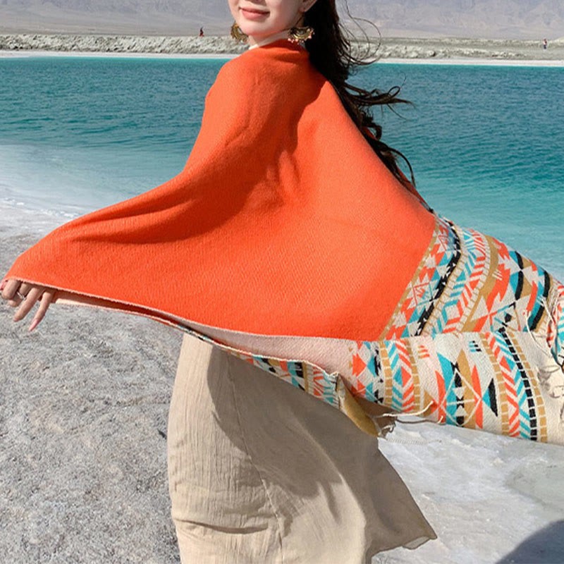 Tibetan Geometric Rhombus Pattern Tassels Shawl Fall Winter Warm Cozy Scarf Wrap