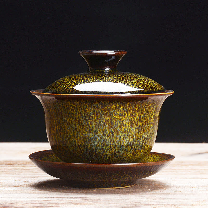 Vintage Kiln Change Design Ceramic Gaiwan Sancai Teacup Kung Fu Tea Cup And Saucer With Lid
