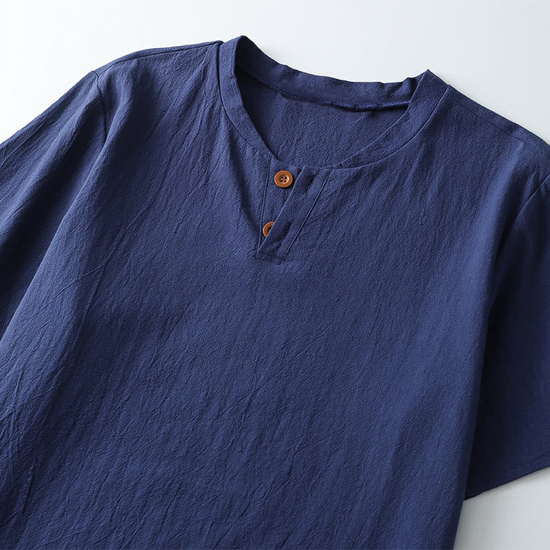 Loose Men's T-shirt Solid Color Top Short Sleeve Button Notched Neck Soft Cotton Linen Shirt