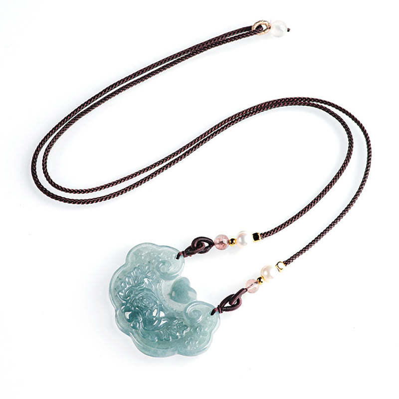 Natural Jade Peony Flower Lock of Good Wishes Prosperity Necklace Pendant