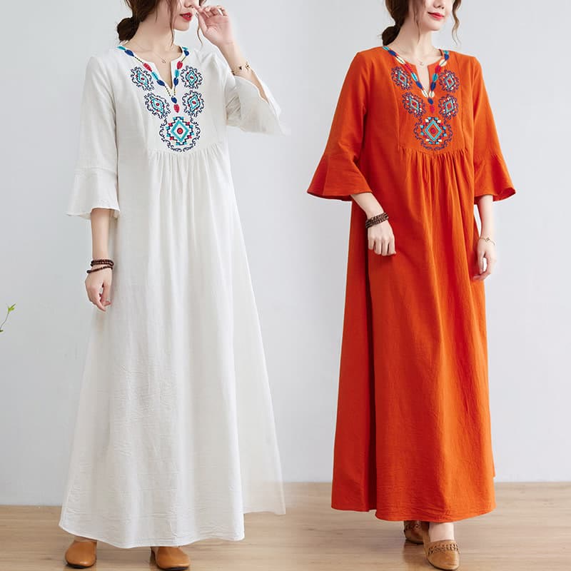 Casual Embroidered Flower Pattern V-neck Three Quarter Sleeve Design Cotton Linen Midi Dress