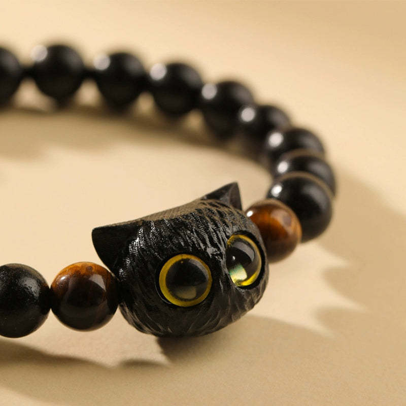 Cute Ebony Wood Cat Head Pattern Peace Bracelet