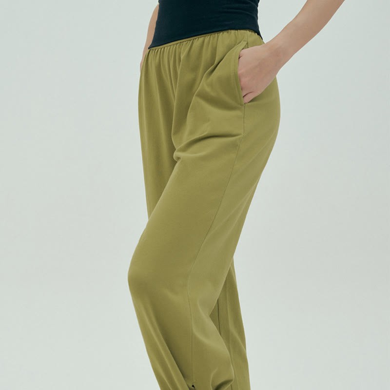 Casual Loose Tie-down Hem Plain High Waist Women's Leica Pants With Pockets