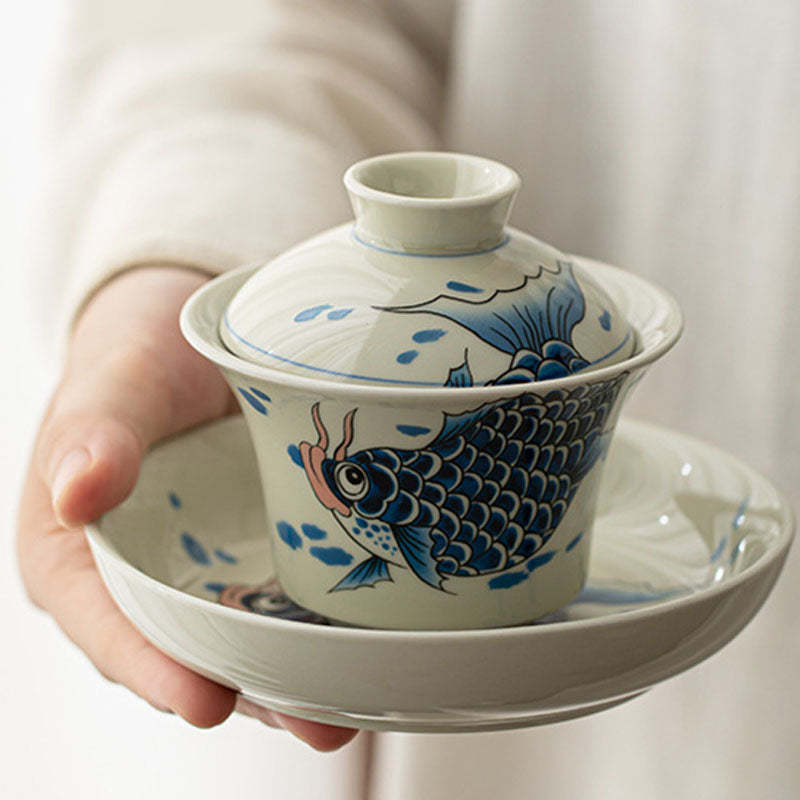 Koi Fish Arowana Ceramic Gaiwan Sancai Teacup Kung Fu Tea Cup With Lid 130ml