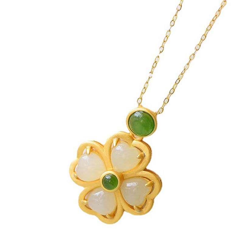925 Sterling Silver Lucky Four Leaf Clover Jade Prosperity Necklace Chain Pendant