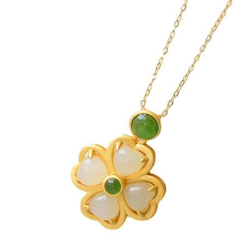 925 Sterling Silver Lucky Four Leaf Clover Jade Prosperity Necklace Chain Pendant