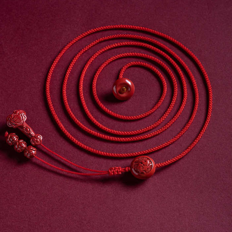 Natural Cinnabar Chinese Zodiac?Ruyi Handle Fu Character Lotus Blessing Red String Belly Chain