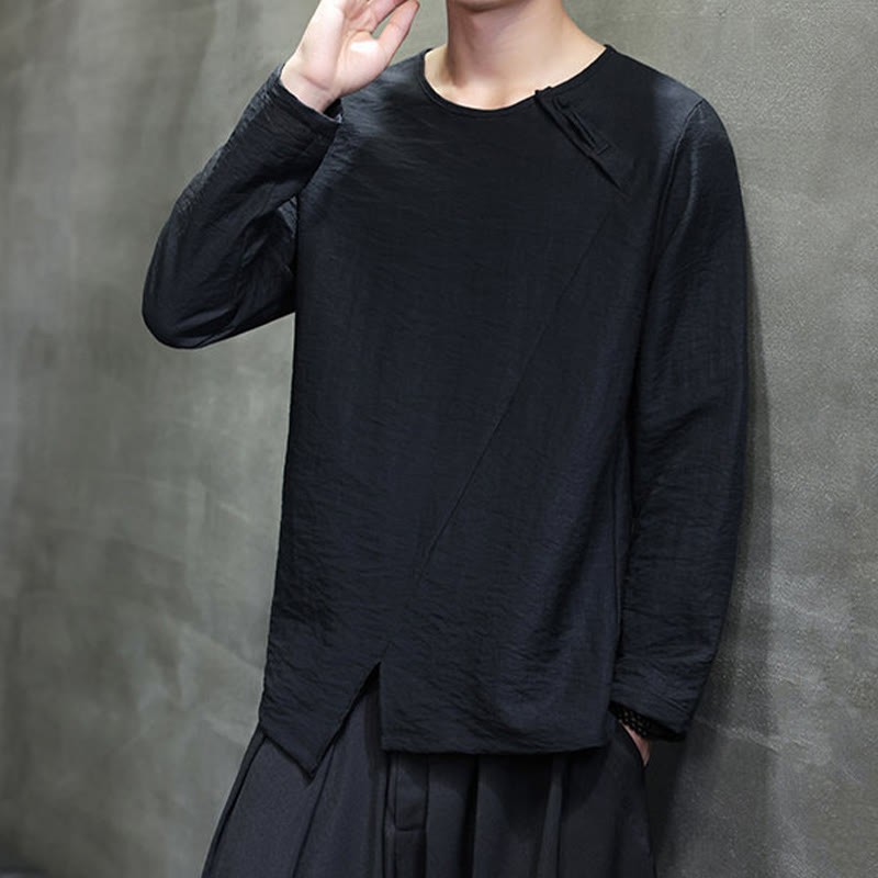 Fall Solid Round Neck Long Sleeve T-Shirt Cotton Men Clothing