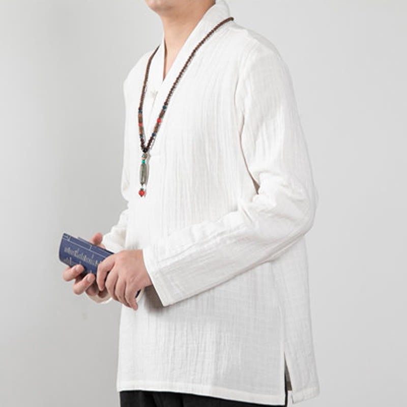 Solid Color Frog-Button Three Quarter Sleeve Double Layer Cotton Linen Shirt