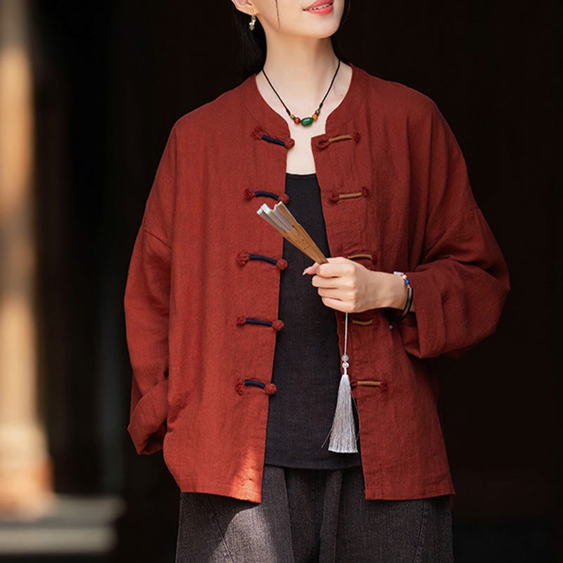 Solid Color Two-color Frog-button Long Sleeve Ramie Linen Women's Shirt