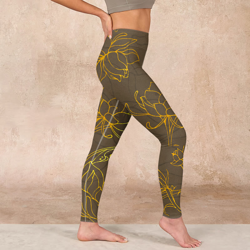 Yellowish Brown Lotus Flower Lotus Leaf Print Gym Leggings Women's Yoga Pants