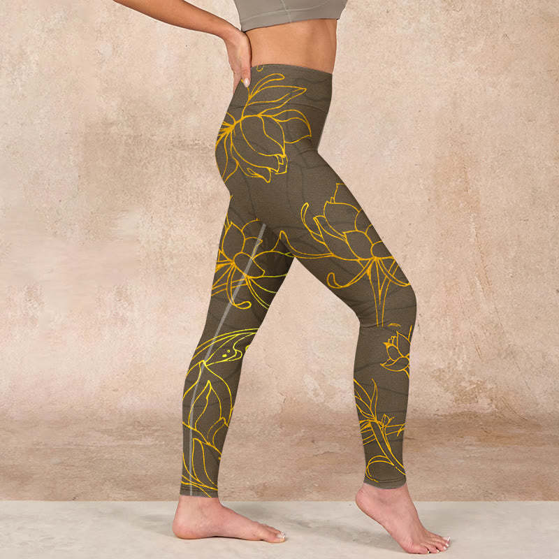 Yellowish Brown Lotus Flower Lotus Leaf Print Gym Leggings Women's Yoga Pants