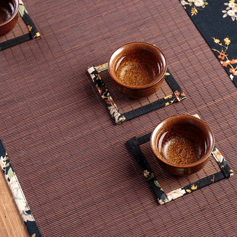 Vintage Peony Flower Blossom Bamboo Cup Mat Pad Tea Cup Coaster Kung Fu Tea Mat