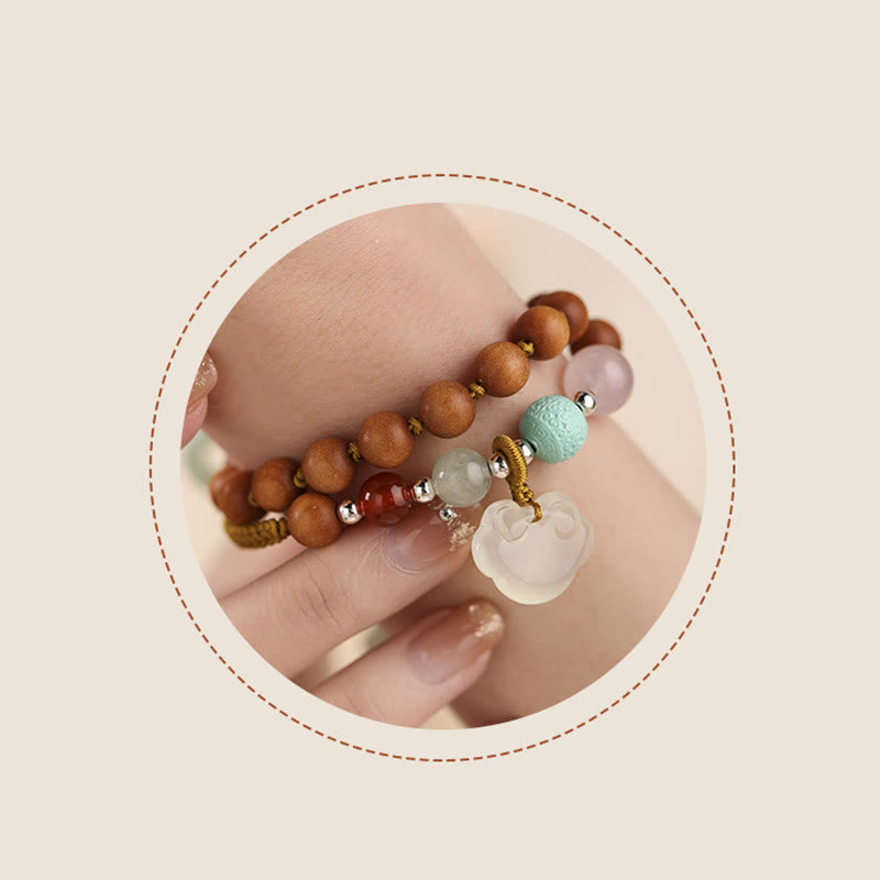 Green Sandalwood Chalcedony Peace Buckle Charm Soothing Double Wrap Bracelet