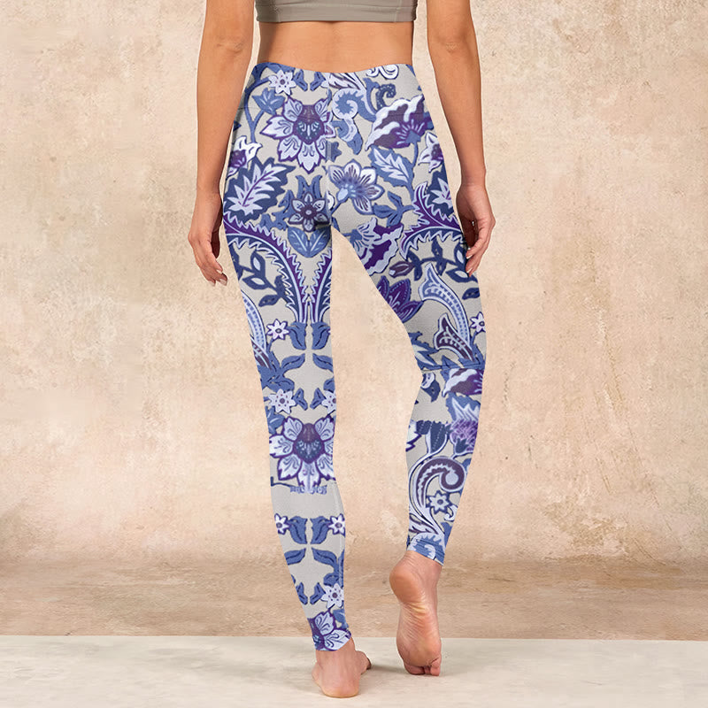 Purple Flower Leaves Print Gym Fitness Leggings Women's Yoga Pants