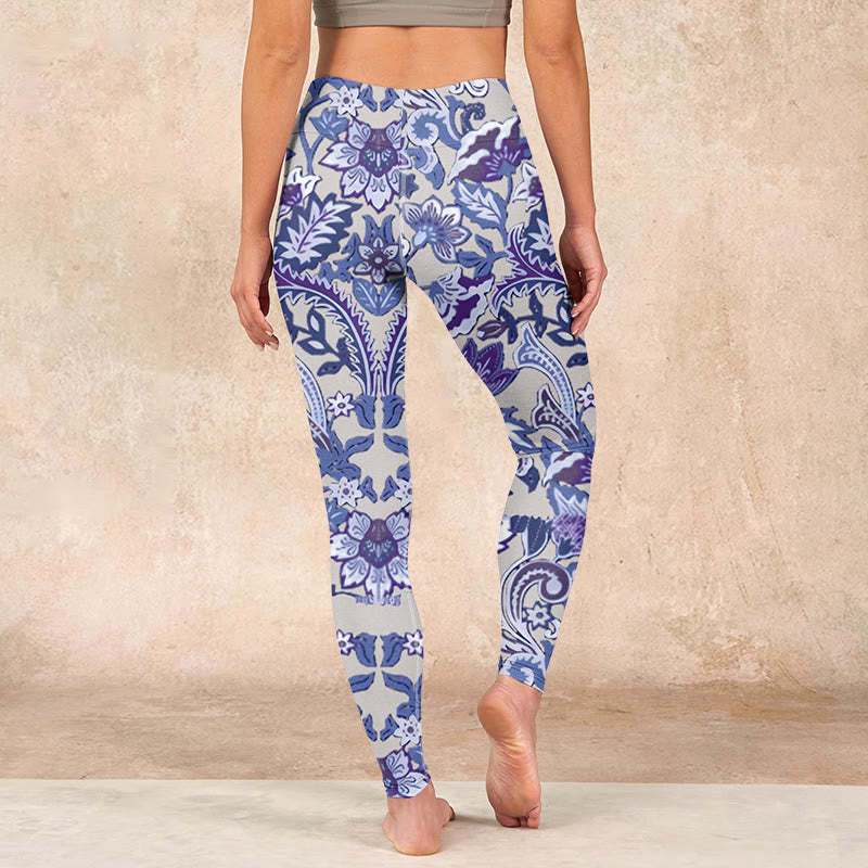 Purple Flower Leaves Print Gym Fitness Leggings Women's Yoga Pants