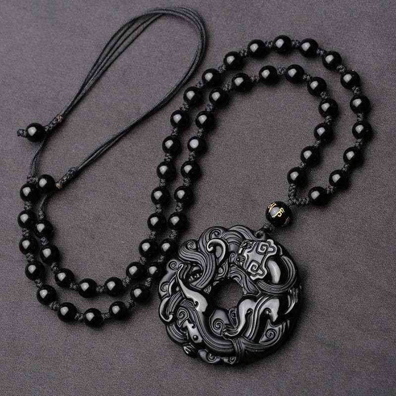 Natural Black Obsidian Peace Buckle Pixiu Purification Necklace Pendant