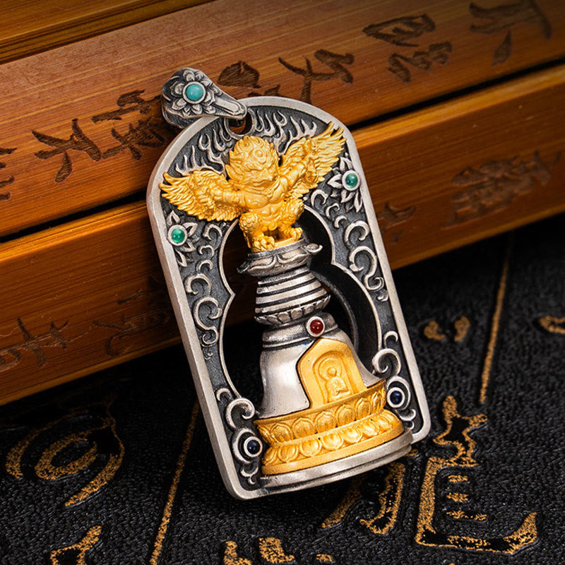 925 Sterling Silver Tibetan Garuda Bird Vajra Dorje Bell Protection Necklace Pendant