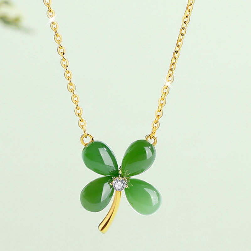 Jade 925 Sterling Silver Four Leaf Clover Luck Necklace Pendant