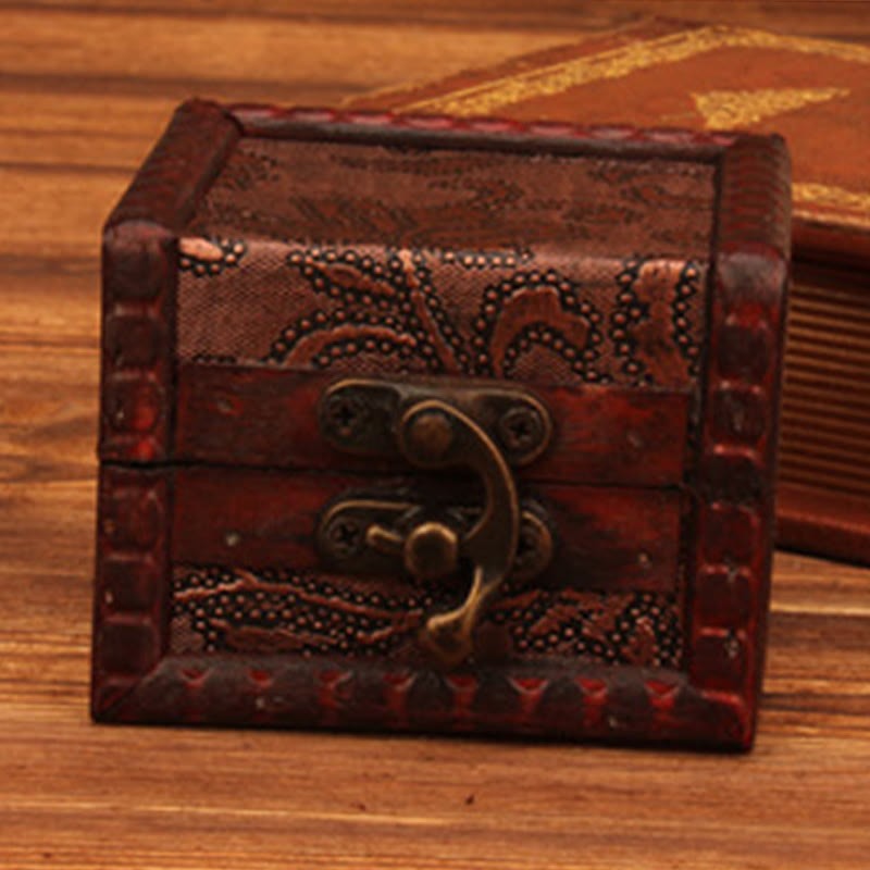 Retro Small Square Wood Jewelry Box Lotus Grass Flower Grape Copper Coin Daffodil Jewelry Storage Box
