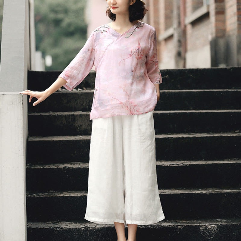 V-Neck Pink Flower Pattern Ramie Linen Blouse Three Quarter Sleeve Shirt Top